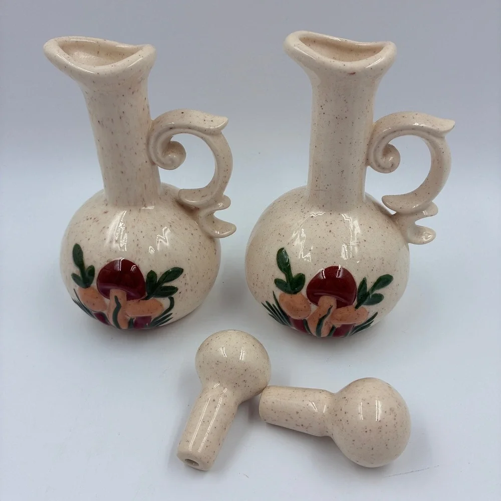 Vintage B Alexander 1981 Ceramic Mushroom Oil Vinegar Cruet Set with Tray 5pc